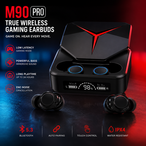 M90 Pro Wireless Gaming Earbuds with ENC, LED Battery Display & Power Bank Charging Case
